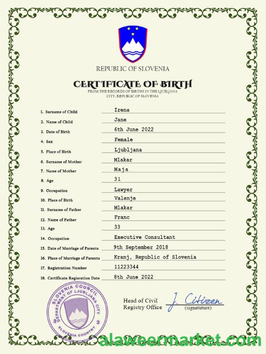 Slovenia birth certificate PSD template